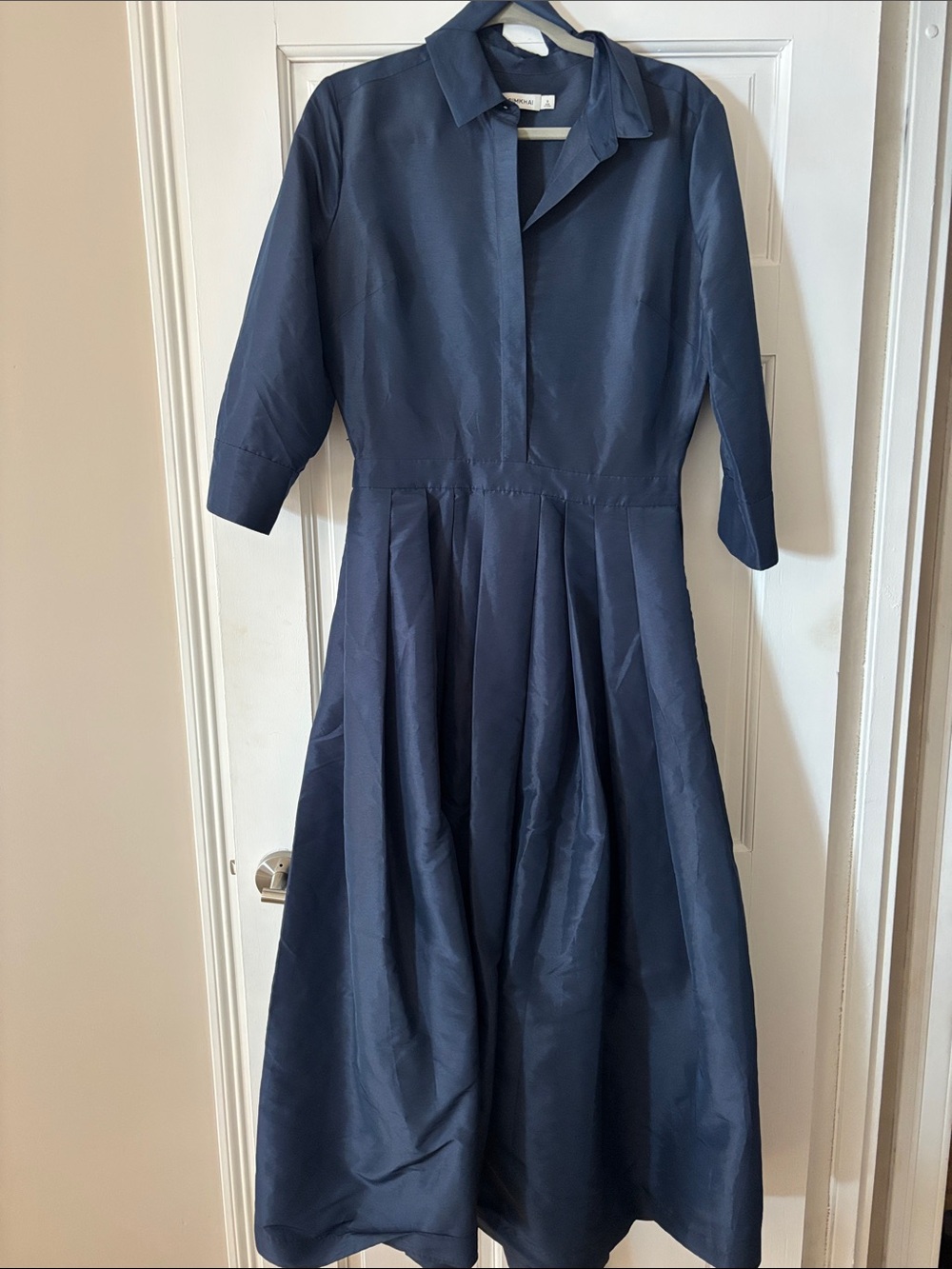 Navy Midi Shirt Dress with Pleated Skirt